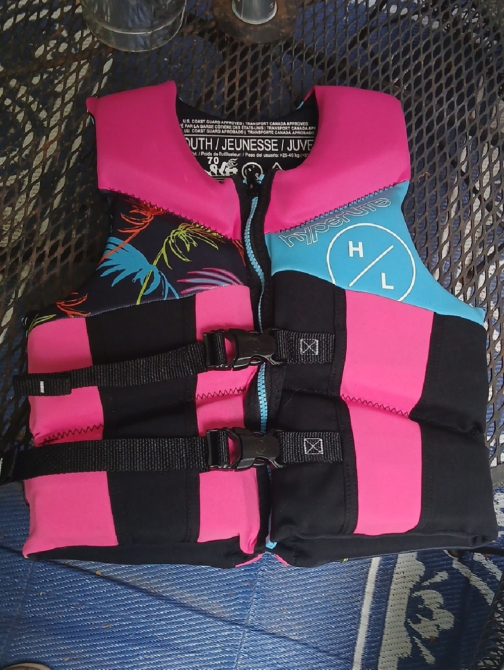 Hyperlite Kids Pink & Black Life Jacket - Tropical Print, Youth